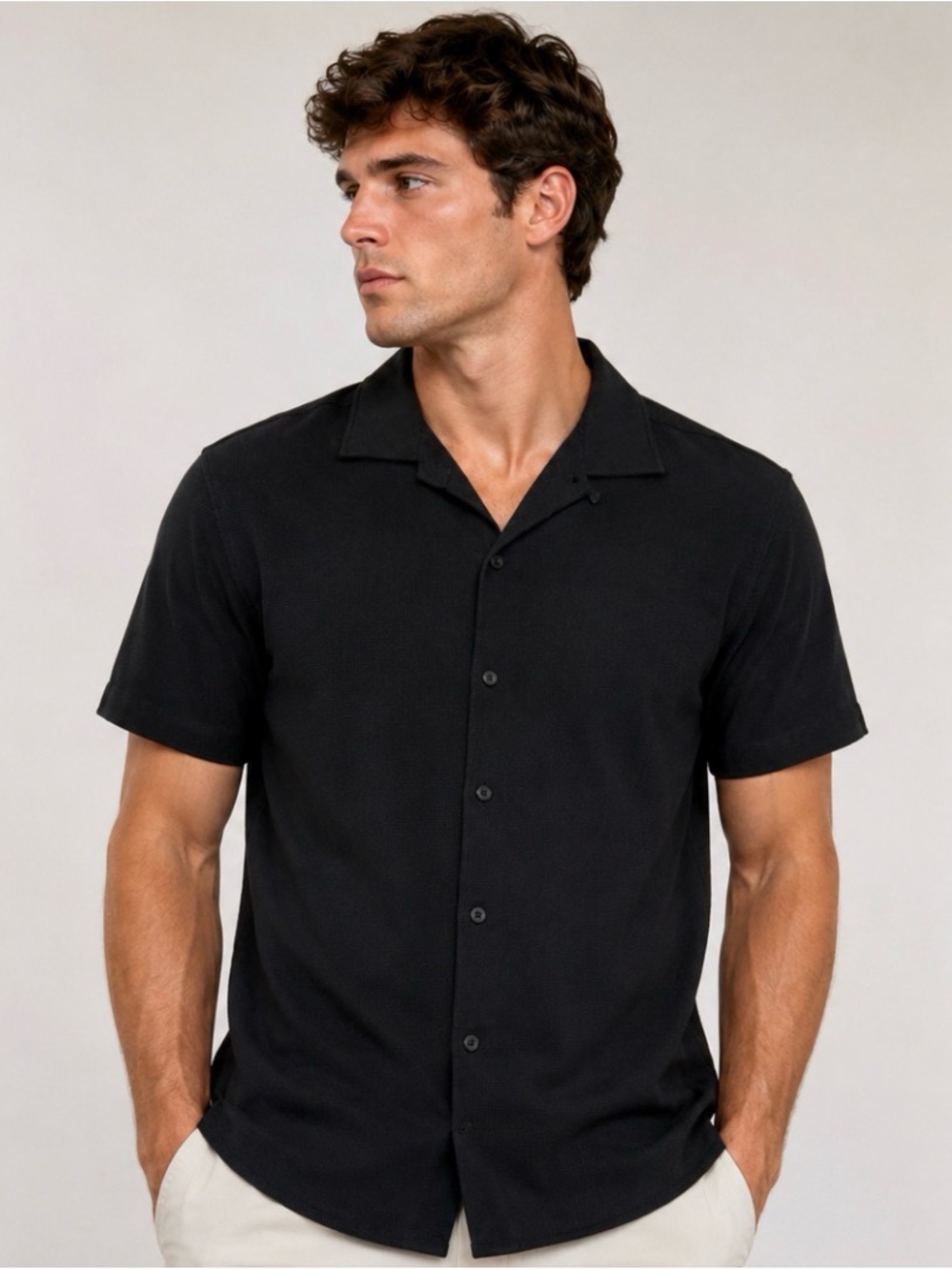 Zara Men's Black Textured Button Up Shirt Medium Regular Fit Short Sleeve Casual